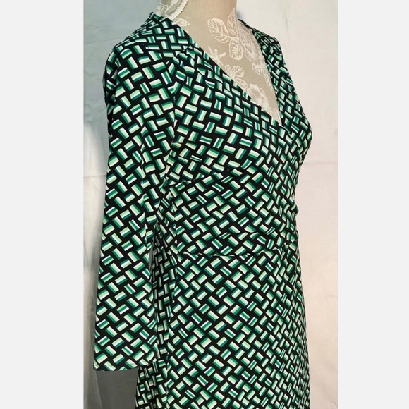 Ann Taylor LOFT Green Black Weave Print Knit 3/4 Sleeve Casual Poly Knit Dress~0 - Picture 5 of 12